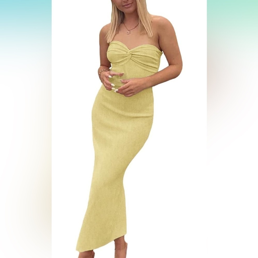 Twist Knot Front Ribbed Knit Bandeau, Casual Strapless Maxi Long Dress